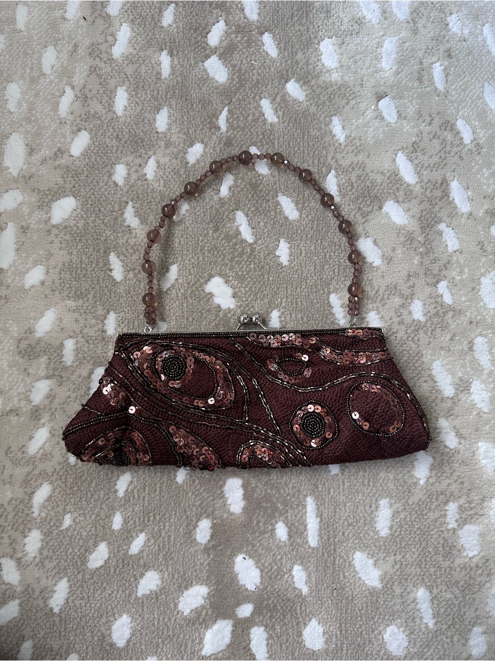 Embellished Brown Beaded Handle Evening Clutch